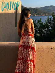 Lunivop Fashion Printed Pleated Halter Maxi Dress Women Sexy Sleeveless Backless Bandage Dresses