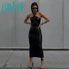 Lunivop Fashion Pu Leather Halter Sexy Backless Midi Dress Outfits For Women Club Party Sleeveless