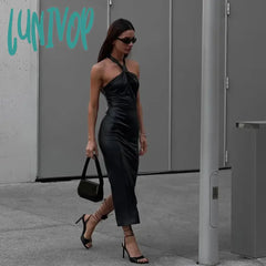 Lunivop Fashion Pu Leather Halter Sexy Backless Midi Dress Outfits For Women Club Party Sleeveless