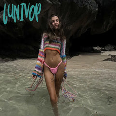 Lunivop Fashion Rainbow Knit Tops Elegant Long Sleeve Pullovers Round Neck Sexy Cover-Ups Stripe