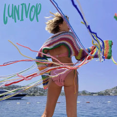 Lunivop Fashion Rainbow Knit Tops Elegant Long Sleeve Pullovers Round Neck Sexy Cover-Ups Stripe