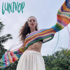 Lunivop Fashion Rainbow Knit Tops Elegant Long Sleeve Pullovers Round Neck Sexy Cover-Ups Stripe