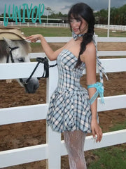 Lunivop Fashion Retro Tube Top Floral Plaid Print Strap Bud Dress For Women Folds Hem Splice Mini