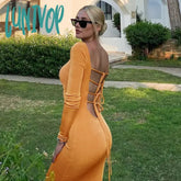 Lunivop Fashion Round Neck Knit Dresses Outfit For Women Long Sleeve Elegant Sexy Backless Bandage