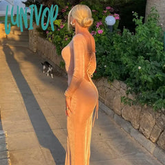 Lunivop Fashion Round Neck Knit Dresses Outfit For Women Long Sleeve Elegant Sexy Backless Bandage