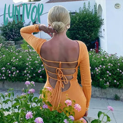 Lunivop Fashion Round Neck Knit Dresses Outfit For Women Long Sleeve Elegant Sexy Backless Bandage
