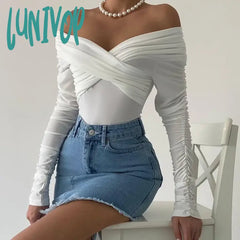 Lunivop Fashion Ruched Sexy Backless Wrap Bodysuit Elegant Off Shoulder Slim Long Sleeve White Tops