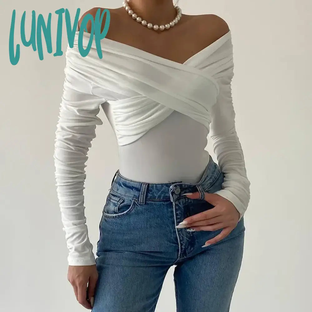 Lunivop Fashion Ruched Sexy Backless Wrap Bodysuit Elegant Off Shoulder Slim Long Sleeve White Tops