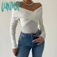 Lunivop Fashion Ruched Sexy Backless Wrap Bodysuit Elegant Off Shoulder Slim Long Sleeve White Tops