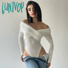Lunivop Fashion Ruched Sexy Backless Wrap Bodysuit Elegant Off Shoulder Slim Long Sleeve White Tops