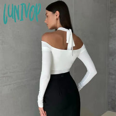 Lunivop Fashion Ruched Sexy Halter Bodysuits Outfits For Women Elegant Long Sleeve Club Party Tops