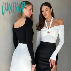 Lunivop Fashion Ruched Sexy Halter Bodysuits Outfits For Women Elegant Long Sleeve Club Party Tops