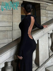 Lunivop Fashion Sexy Cut Out Chain Backless Maxi Dress For Women Party Club Long Sleeve Slit
