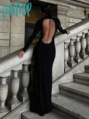 Lunivop Fashion Sexy Cut Out Chain Backless Maxi Dress For Women Party Club Long Sleeve Slit