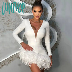 Lunivop Fashion Sexy Feather Bodycon Bandage Dress Vestidos De Fiesta Elegantes Para Mujer Evening