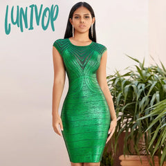Lunivop Fashion Sexy Foil Printing Midi Gold Green Bandage Dress Vestidos Elegantes Para Mujer