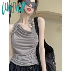 Lunivop Fashion Sexy Halter Vest For Women Y2K E-Girl Irregular Slim Fit Ruched Tank Top 2024