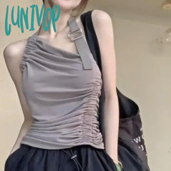Lunivop Fashion Sexy Halter Vest For Women Y2K E-Girl Irregular Slim Fit Ruched Tank Top 2024