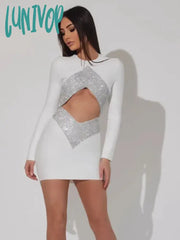 Lunivop Fashion Sexy Hollow Out Bodycon Diamond Women White Bandage Dress Vestidos De Fiesta