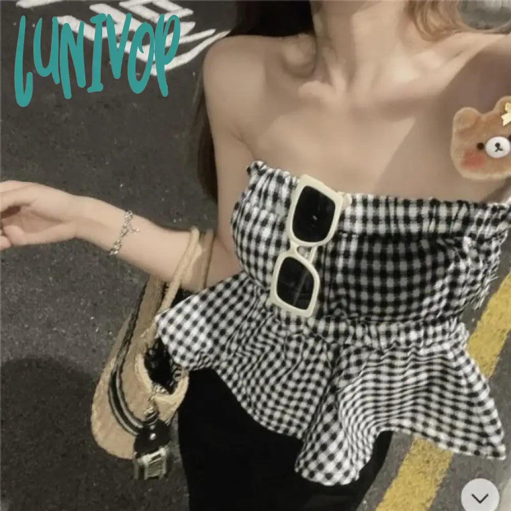 Lunivop Fashion Sexy Off Shoulder Strapless Tops Y2K Slim Waist Ruffles Vest For Women 2024 Summer