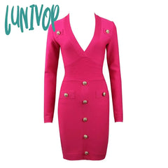 Lunivop Fashion Sexy V Neck Bodycon Button Bandage Dress Vestidos De Manga Larga Formal Occasion