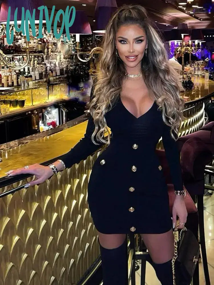 Lunivop Fashion Sexy V Neck Bodycon Button Bandage Dress Vestidos De Manga Larga Formal Occasion