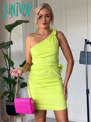 Lunivop Fashion Sleeveless Asymmetric Short Dress For Women Solid Color Pullover Knot Slim Dresses