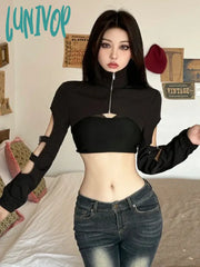 Lunivop Fashion Slim Two Pieces Set New Personality Y2K Aesthetic Hollow Out Zipper Coats + Women