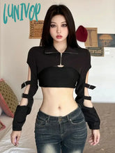 Lunivop Fashion Slim Two Pieces Set New Personality Y2K Aesthetic Hollow Out Zipper Coats + Women