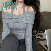 Lunivop Fashion Solid Color Off Shoulder Slash Neck Sweaters Women Autumn Y2K Knitted Pullovers