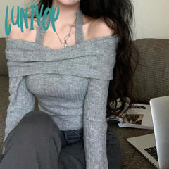 Lunivop Fashion Solid Color Off Shoulder Slash Neck Sweaters Women Autumn Y2K Knitted Pullovers