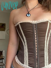 Lunivop Fashion Strapless Stitched Corset Top Women Sexy Lace Spliced Party Pins Up Tube Bustier