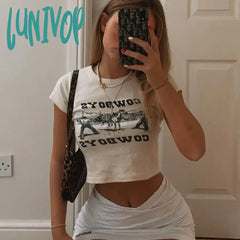 Lunivop Fashion Streetwear O-Neck Slim T-Shirt Women Summer Y2K 2024 Letter Print Basic Crop Top