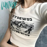 Lunivop Fashion Streetwear O-Neck Slim T-Shirt Women Summer Y2K 2024 Letter Print Basic Crop Top