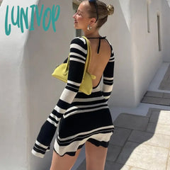Lunivop Fashion Striped Sexy Backless Mini Dresses Autumn Club Party Flare Sleeve Sweaters For