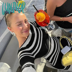 Lunivop Fashion Striped Sexy Backless Mini Dresses Autumn Club Party Flare Sleeve Sweaters For