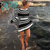 Lunivop Fashion Striped Sexy Backless Mini Dresses Autumn Club Party Flare Sleeve Sweaters For