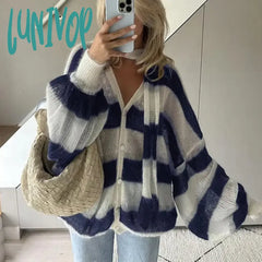 Lunivop Fashion Striped Sweater Cardigan With Scarf Female Loose Thin Hollow Knitted Top Lantern