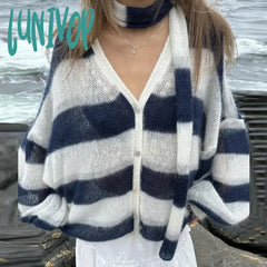 Lunivop Fashion Striped Sweater Cardigan With Scarf Female Loose Thin Hollow Knitted Top Lantern