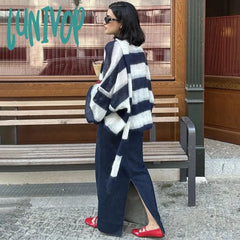 Lunivop Fashion Striped Sweater Cardigan With Scarf Female Loose Thin Hollow Knitted Top Lantern