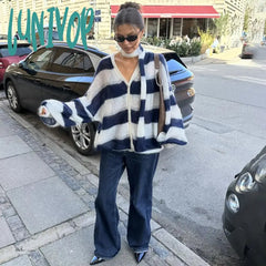 Lunivop Fashion Striped Sweater Cardigan With Scarf Female Loose Thin Hollow Knitted Top Lantern