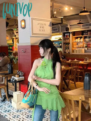 Lunivop Fashion Sweet 3D Flowear Ruffles Vest For Women Y2K Sexy Off Shoulder Slim Fit Tank Top