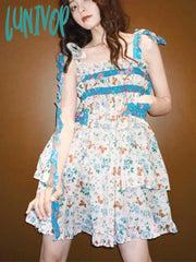 Lunivop Fashion Sweet Flower Print Dress For Women Summer New Bow Lace Upstrap Dresses Y2K E-Girl