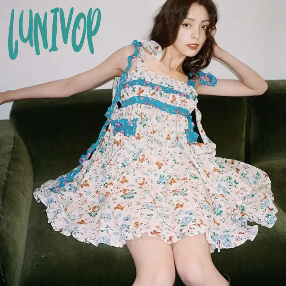 Lunivop Fashion Sweet Flower Print Dress For Women Summer New Bow Lace Upstrap Dresses Y2K E-Girl