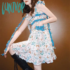 Lunivop Fashion Sweet Flower Print Dress For Women Summer New Bow Lace Upstrap Dresses Y2K E-Girl