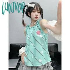 Lunivop Fashion Sweet Striped Star Vest for Women 2024 Summer New Loose Tank Top Y2k E-Girl O-neck Sleeveless Ruched Tops Mujer