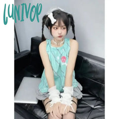 Lunivop Fashion Sweet Striped Star Vest for Women 2024 Summer New Loose Tank Top Y2k E-Girl O-neck Sleeveless Ruched Tops Mujer