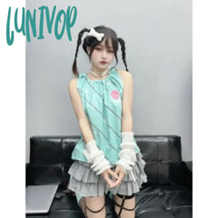 Lunivop Fashion Sweet Striped Star Vest for Women 2024 Summer New Loose Tank Top Y2k E-Girl O-neck Sleeveless Ruched Tops Mujer