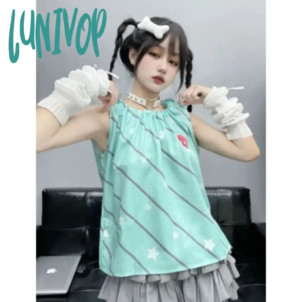 Lunivop Fashion Sweet Striped Star Vest for Women 2024 Summer New Loose Tank Top Y2k E-Girl O-neck Sleeveless Ruched Tops Mujer