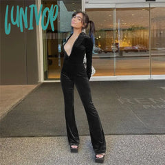Lunivop Fashion Velvet Hooded Zipper Jumpsuits Women Rompers Club Party One Piece Outfits Fall